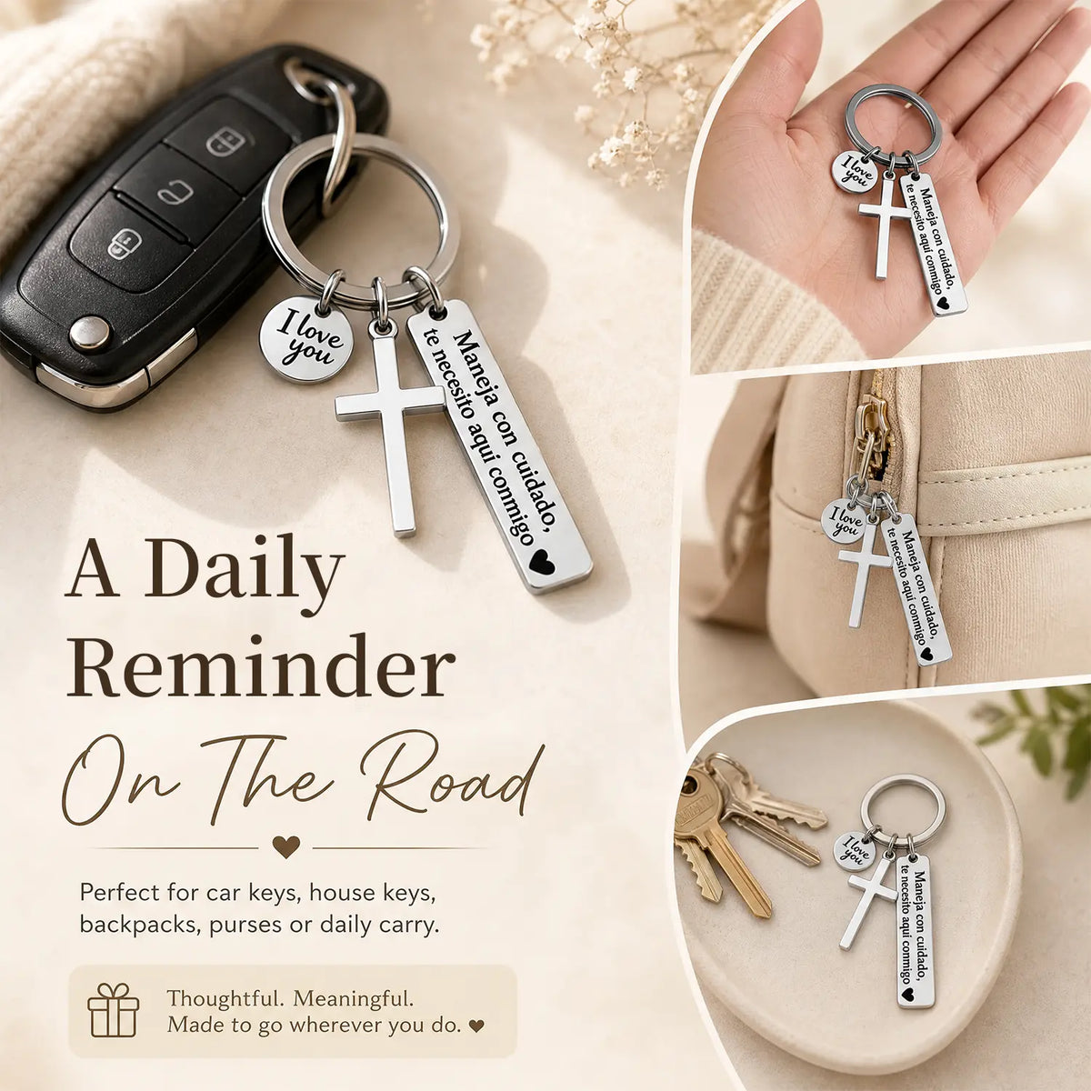 Maneja Con Cuidado Te Necesito Aquí Conmigo Keychain with Cross & I Love You Charm Spanish