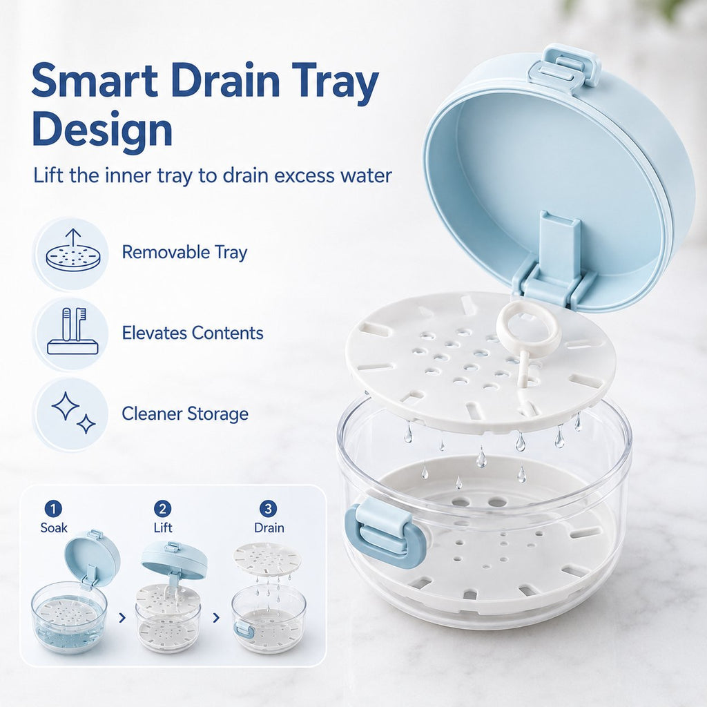 🦷✨3-in-1 Retainer Cleaning & Storage Case – Portable Leak-Resistant Soak Box with Drain Tray, Mirror & Cleaning Brush 🎁Buy 2 Free Shipping