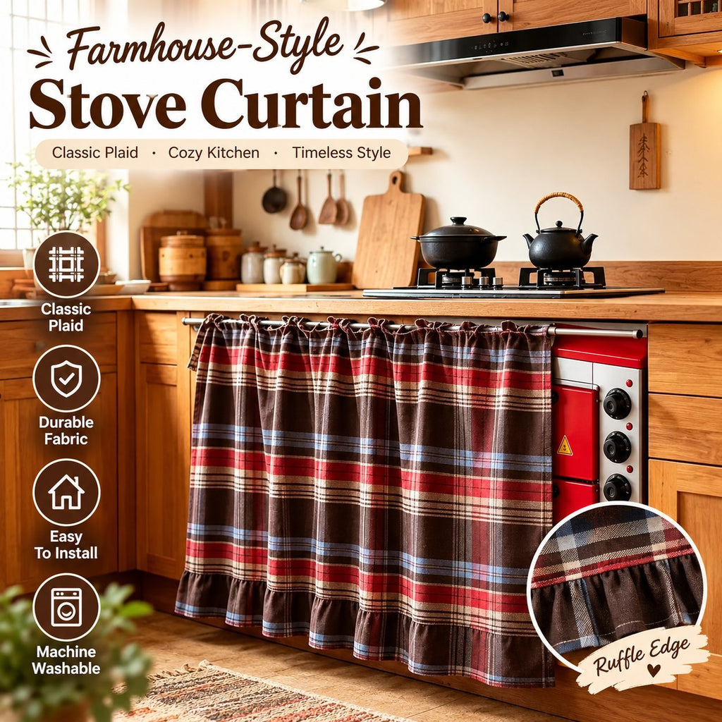✨2026 Farmhouse-Style Stove Curtain, Gingham Grid Ruffle-Edge Tier Curtains