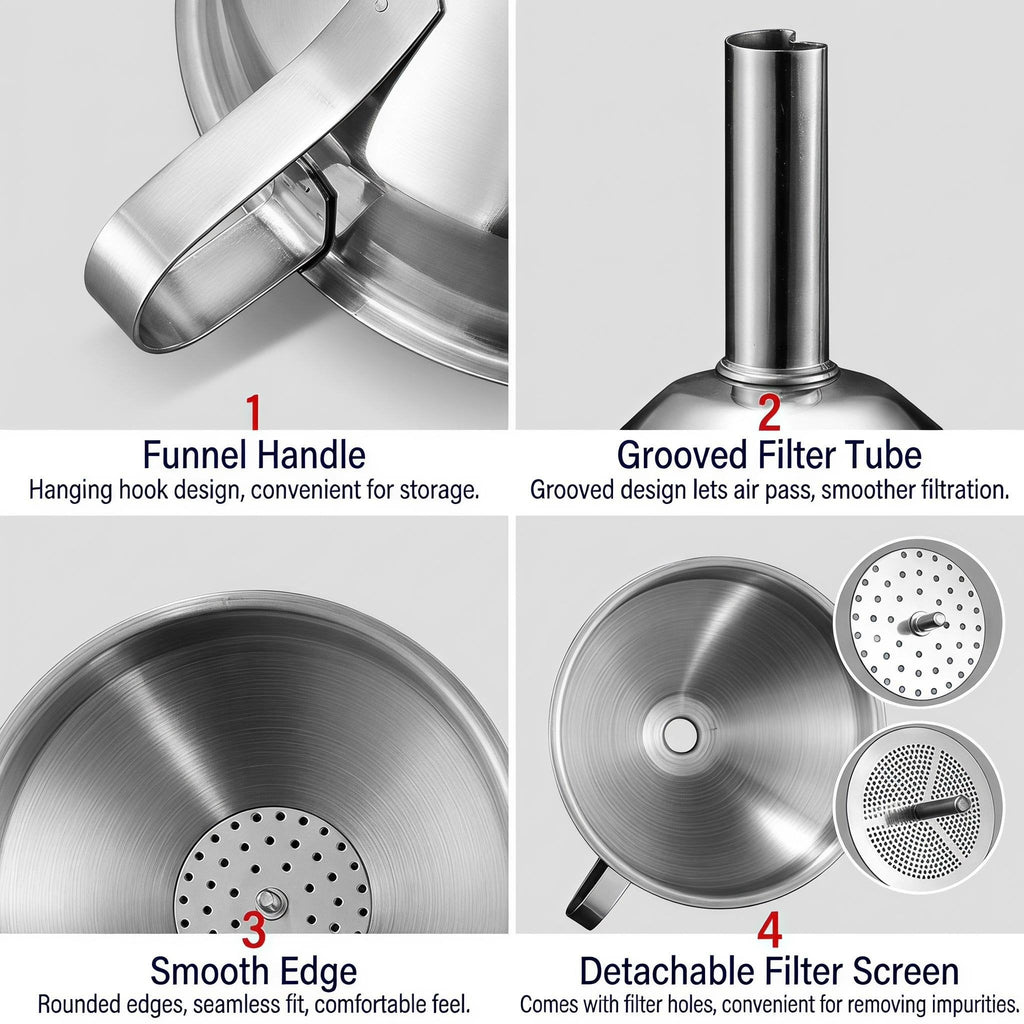 ✨Hot Sale 304 Stainless Steel Funnel with Filter Mesh – Kitchen Food Grade Metal Funnel for Oil, Alcohol, Jam & Spice Filling 🥄