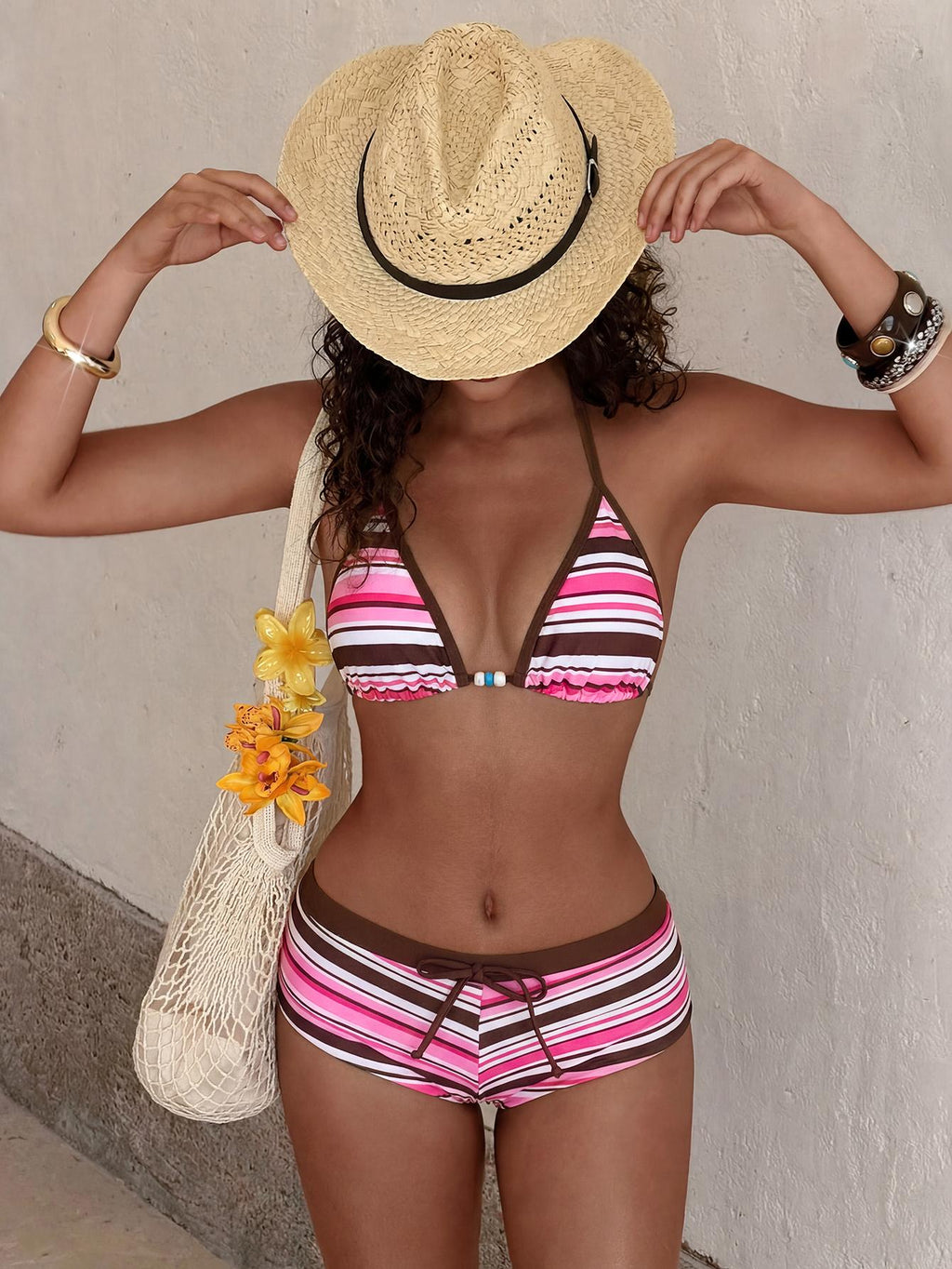 PEPPERMOLLY Women's 2-Piece Retro Yellow Polka Dot Bikini Set – Y2K Color Block Beachwear & Vacation Outfit