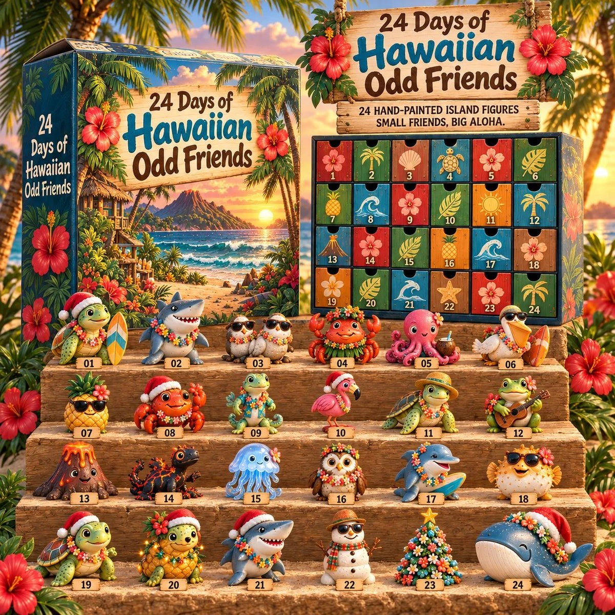 🌺🎄 24 Days of Hawaiian Odd Friends Advent Calendar – 24 Hand-Painted Tropical Mini Figures 🎁✨