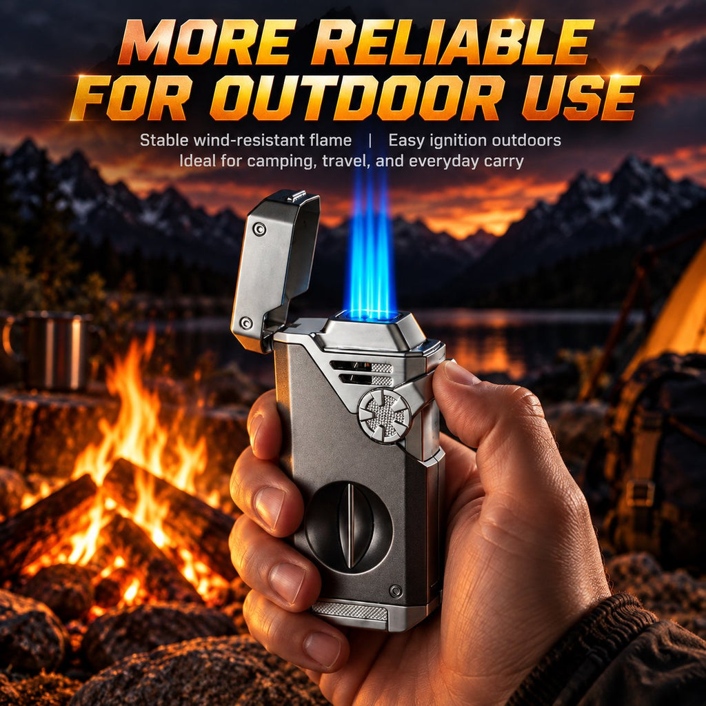 🔥💨 Quad-Flame Butane Lighter – Windproof, Refillable & Multifunctional ✨