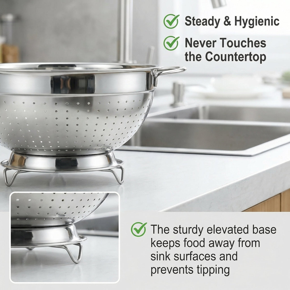 Colander and Strainer Self Drainer Base Plate Stainless Steel for Kitchen
