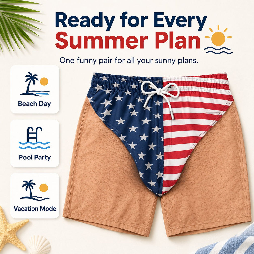 🏖️🇺🇸 Funny Patriotic Men's Swim Trunks – Freedom & Chill Summer Beach Shorts