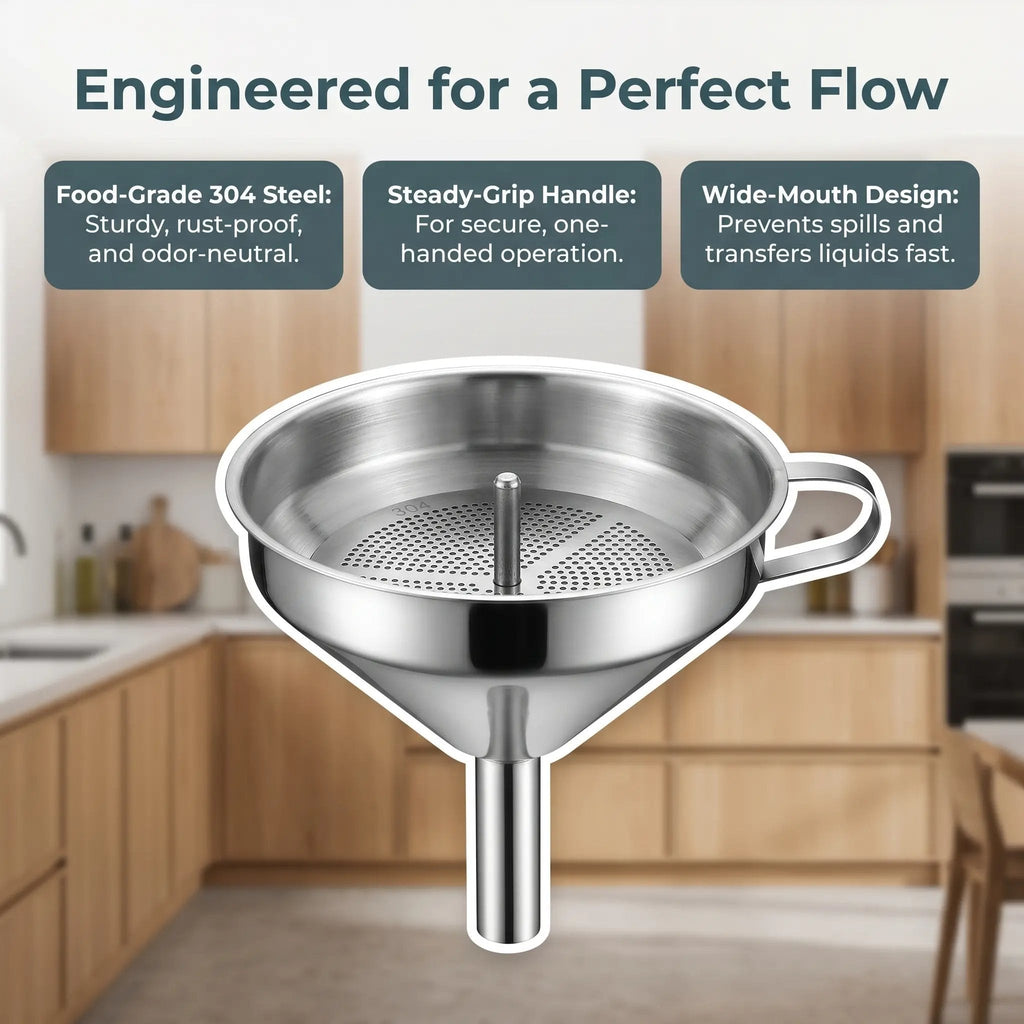 ✨Hot Sale 304 Stainless Steel Funnel with Filter Mesh – Kitchen Food Grade Metal Funnel for Oil, Alcohol, Jam & Spice Filling 🥄