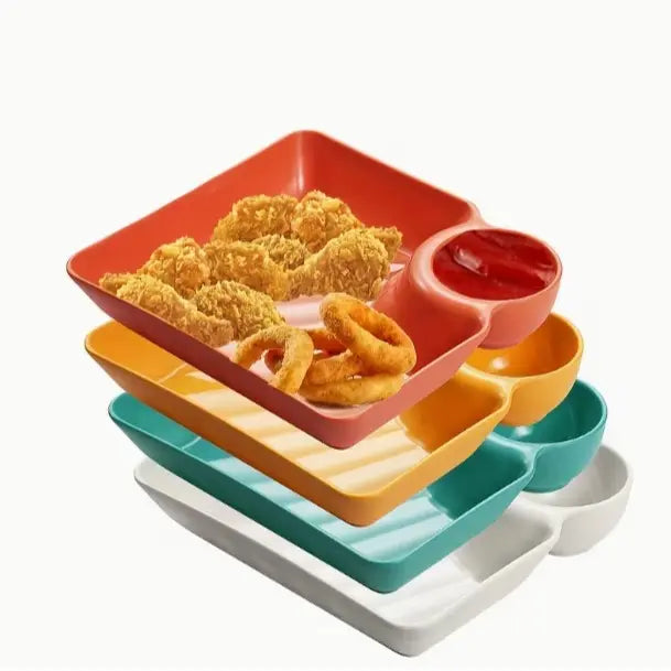 🍱✨ 4-Pack Divided Snack Plates – Non-Breakable Plates with Sauce Compartments for Snacks & Appetizers 🍗