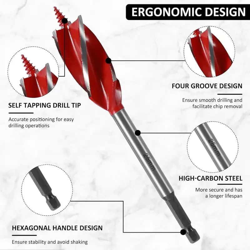 💯8PCS High Carbon Steel Wood Drill Bits Set, 4-Flute Hex Shank Wood Boring Bits 10-25mm for Timber Plastic Drilling 🛠️