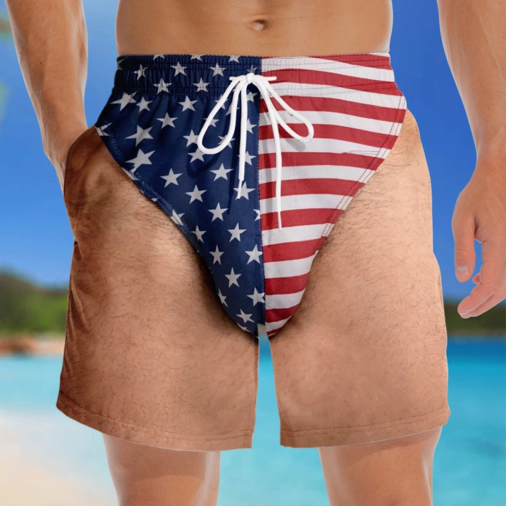 🏖️🇺🇸 Funny Patriotic Men's Swim Trunks – Freedom & Chill Summer Beach Shorts