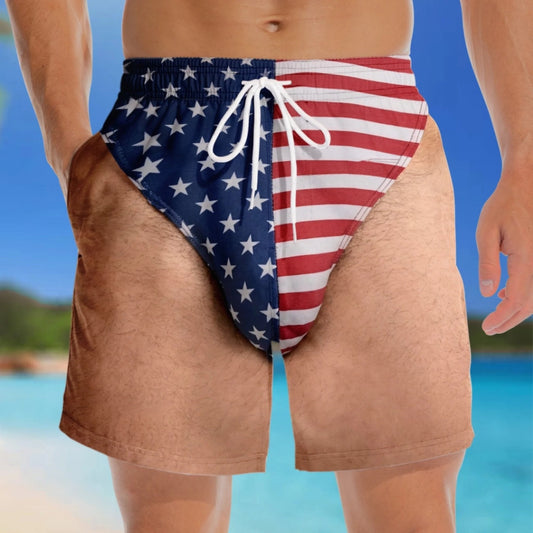 🏖️🇺🇸 Funny Patriotic Men's Swim Trunks – Freedom & Chill Summer Beach Shorts