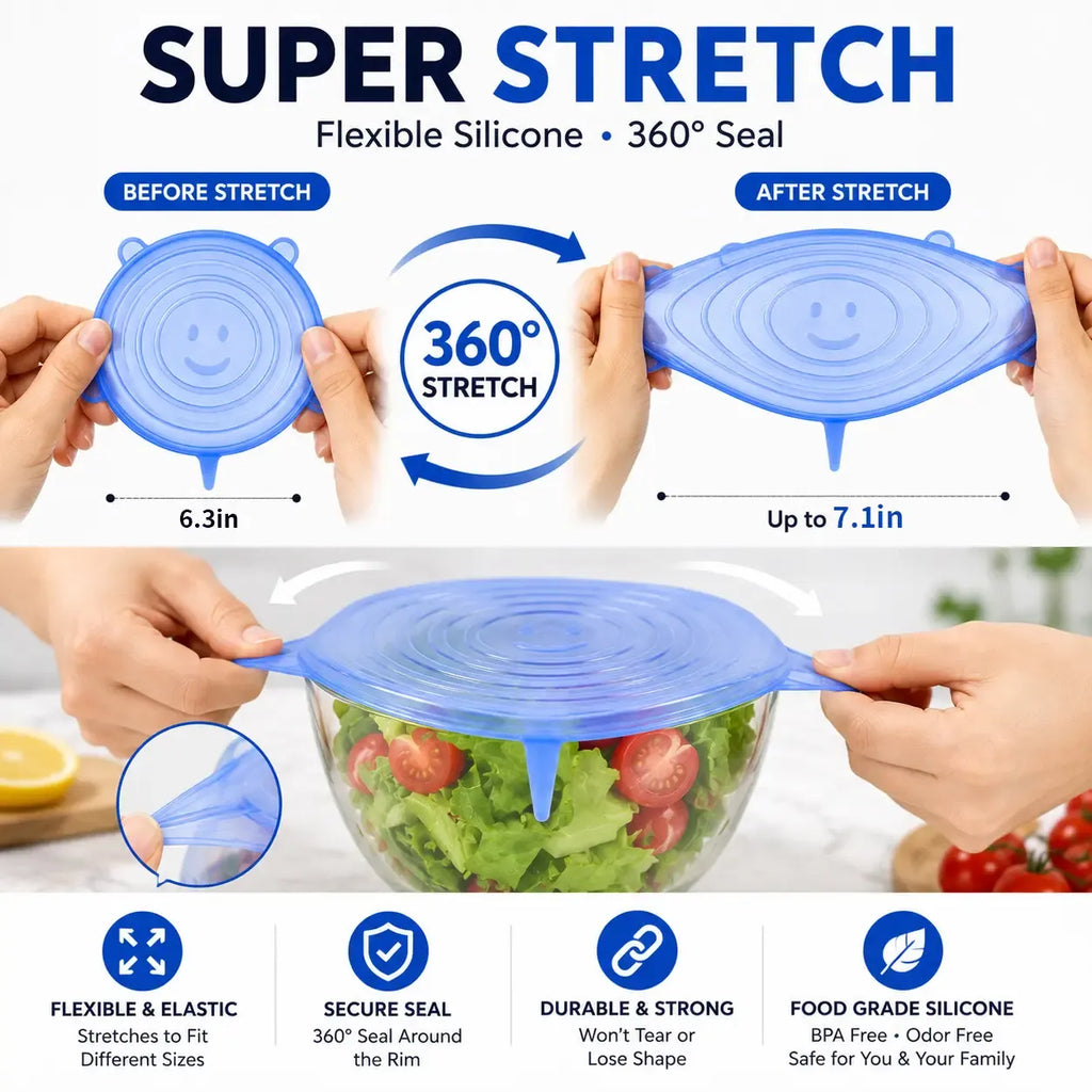 🥣✨ 6-Pack Silicone Stretch Lids – Reusable Food-Grade Container Covers 🍱