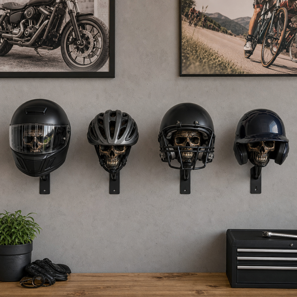 💀 Motorcycle Skull Helmet Holder – Heavy-Duty Wall Mount for Garage, Man Cave & Gear Display 🏍️