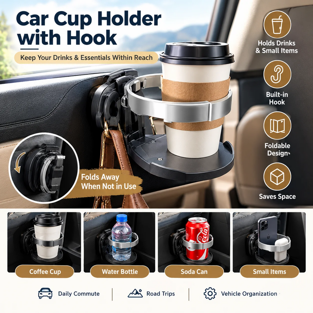 🚗 Universal Foldable Car Cup Holder – Space-Saving Drink & Phone Holder