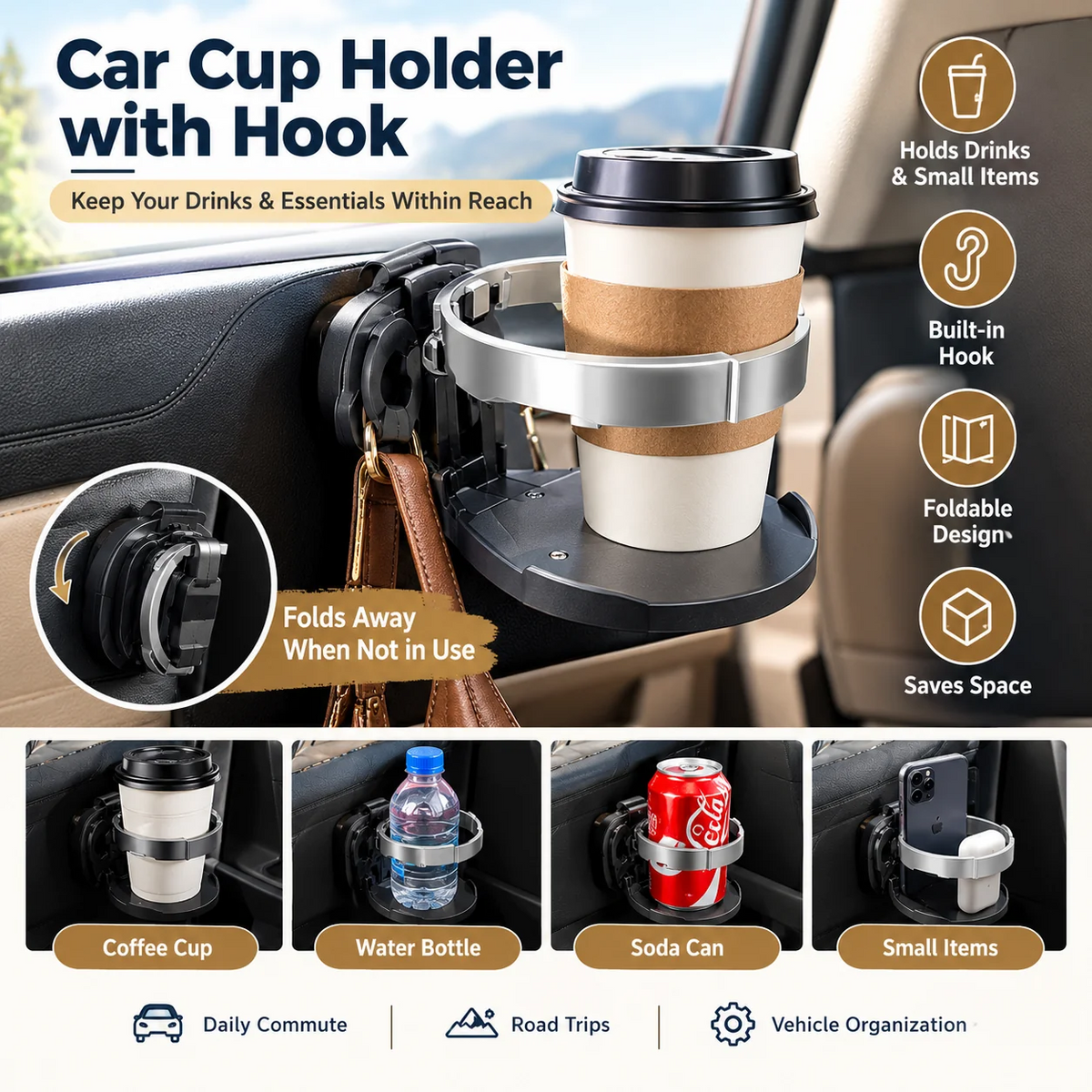 🚗 Universal Foldable Car Cup Holder – Space-Saving Drink & Phone Holder