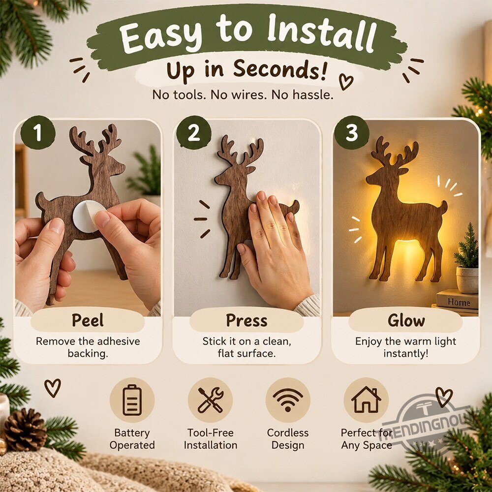 Reindeer Sleigh Press On – Lighted Christmas Wall Decor, Easy No-Tool Install