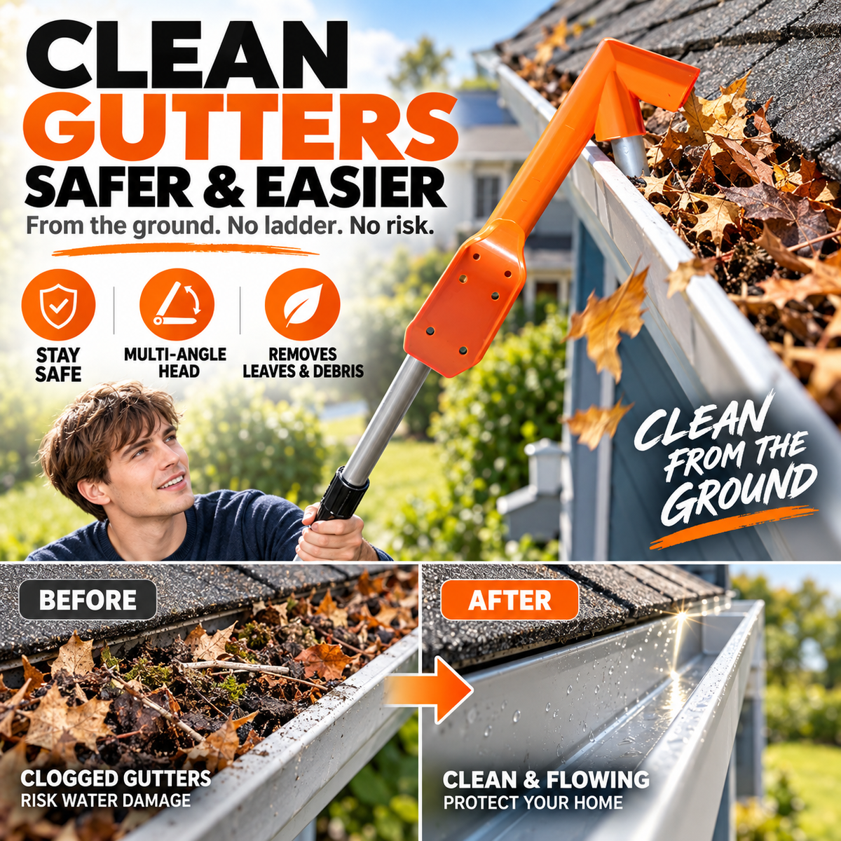 🍂 Adjustable Gutter Cleaning Tool – Ground-Level Leaf & Debris Remover | No-Ladder Reach for Easy Gutter Maintenance