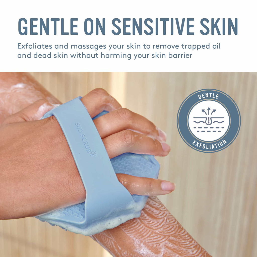 Body Bath Brush — Antibacterial silicone bath brush designed for sensitive and acne-prone skin.